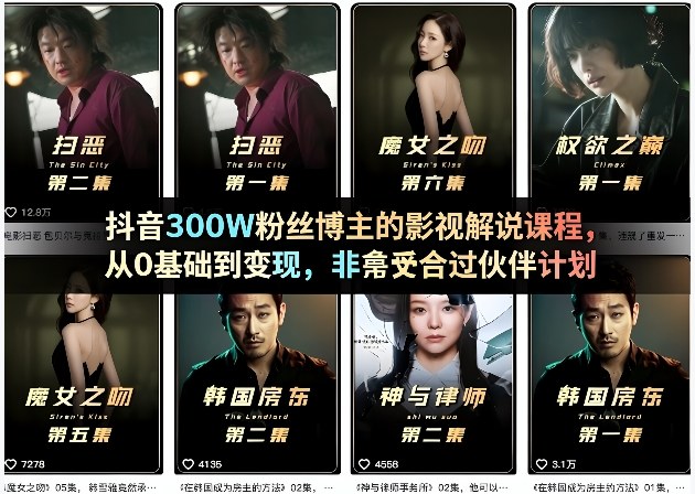 抖音300W粉丝博主的影视解说课程，从0基础到变现，非常适合过伙伴计划-蓝天网创