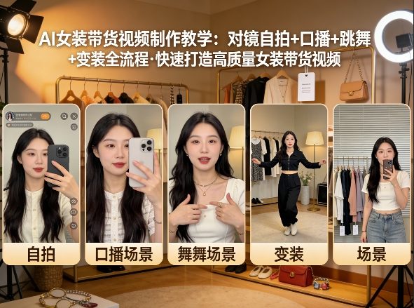 AI女装带货视频制作教学，对镜自拍、口播、跳舞、变装全流程，快速打造高质量女装带货视频-蓝天网创