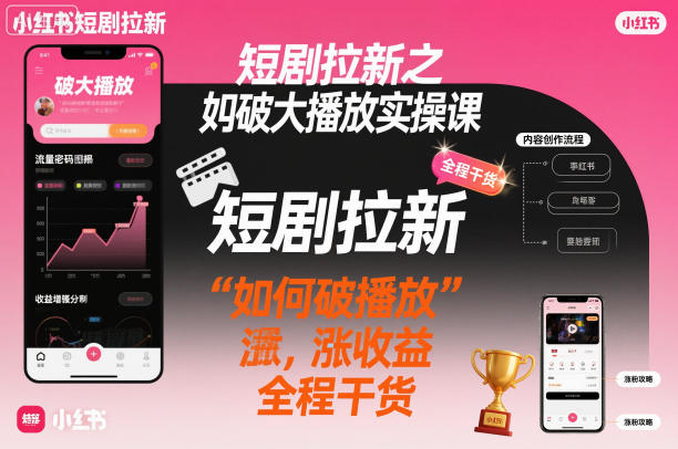 短剧拉新之小红书如何破大播放实操课，如何破播放，涨收益，全程干货-蓝天网创