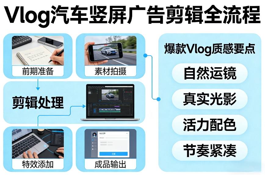 Vlog感觉汽车竖屏广告剪辑脚本全流程，拿捏爆款Vlog质感-蓝天网创