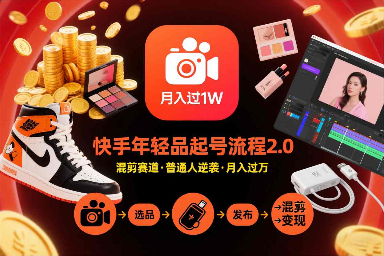 快手短视频带货年轻品起号流程2.0，快手年轻品混剪赛道，普通人也能月入过1W-蓝天网创