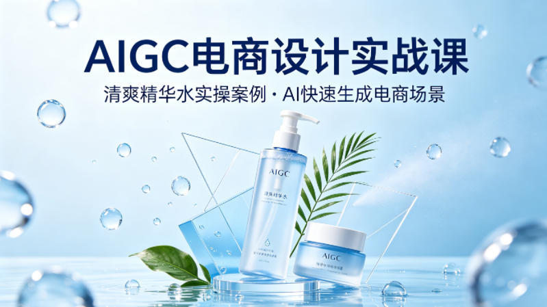 AIGC电商设计实战课，以清爽精华水为实操案例，教你用AI快速生成电商场景-蓝天网创