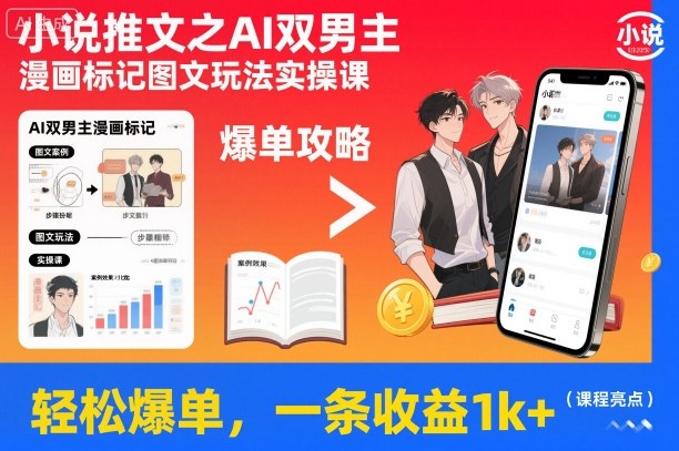 小说推文之AI双男主漫画标记图文玩法实操课，轻松爆单，一条收益1k+-蓝天网创