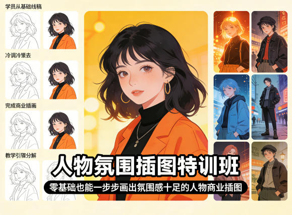人物氛围插图特训班，零基础也能一步步画出氛围感十足的人物商业插图-蓝天网创