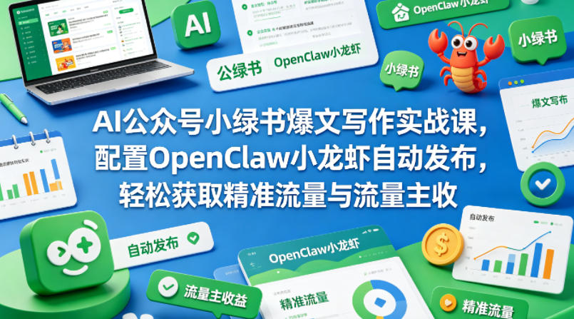 AI公众号小绿书爆文写作实战课，配置OpenClaw小龙虾自动发布，轻松获取精准流量与流量主收益-蓝天网创