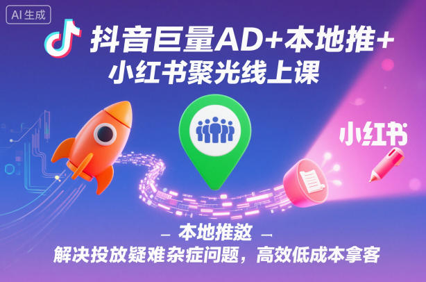 抖音巨量AD+本地推+小红书聚光线上课，解决投放疑难杂症问题，高效低成本拿客-蓝天网创