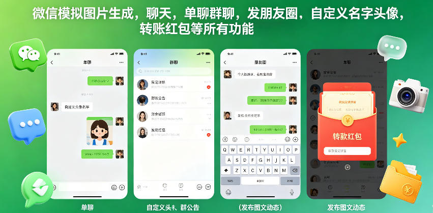 微信模拟图片生成，聊天，单聊群聊，发朋友圈，自定义名字头像，转账红包等所有功能都可以生成-蓝天网创
