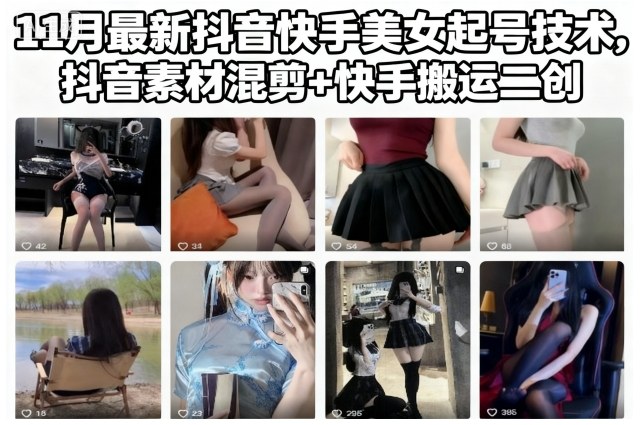 11月最新抖音快手美女起号技术，抖音素材混剪+快手搬运二创-蓝天网创