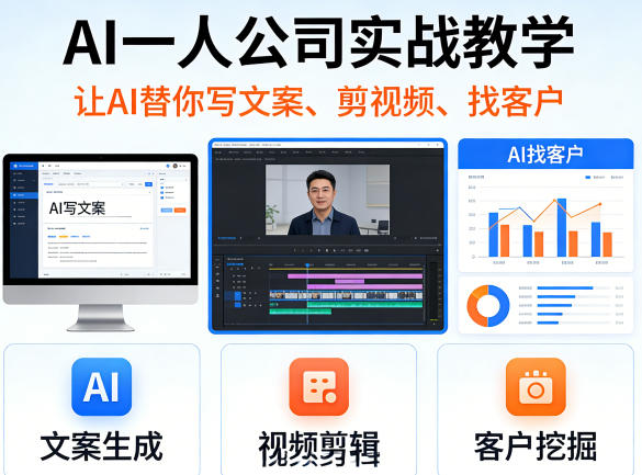 AI一人公司实战教学，让AI替你写文案、剪视频、找客户-蓝天网创