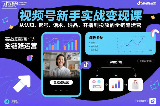 视频号新手实战变现课，从认知、起号、话术、选品、开播到投放的全链路运营-蓝天网创