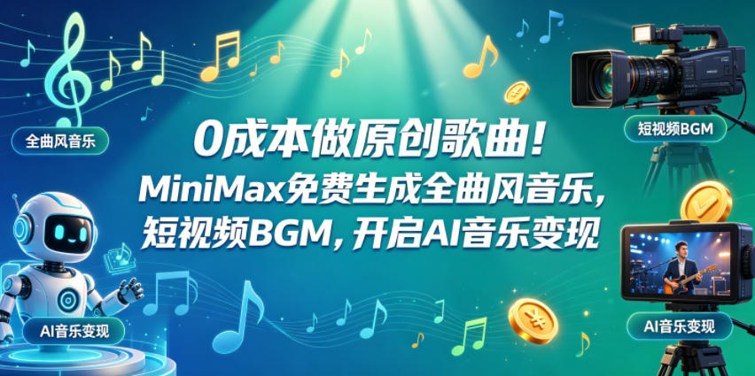 0成本做原创歌曲！MiniMax免费生成全曲风音乐，短视频BGM，开启AI音乐变现-蓝天网创