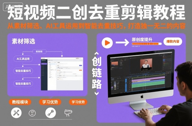 短视频二创去重剪辑教程，从素材筛选、AI工具运用到智能去重技巧，打造独一无二的内容-蓝天网创