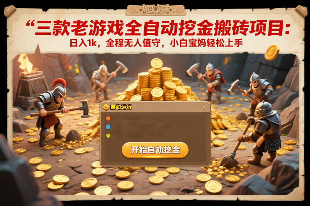三款老游戏全自动挖金搬砖项目：日入1k，全程无人值守，小白宝妈轻松上手【揭秘】-蓝天网创