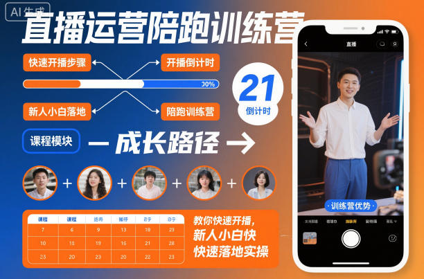直播运营陪跑训练营，教你快速开播，新人小白快速落地实操-蓝天网创