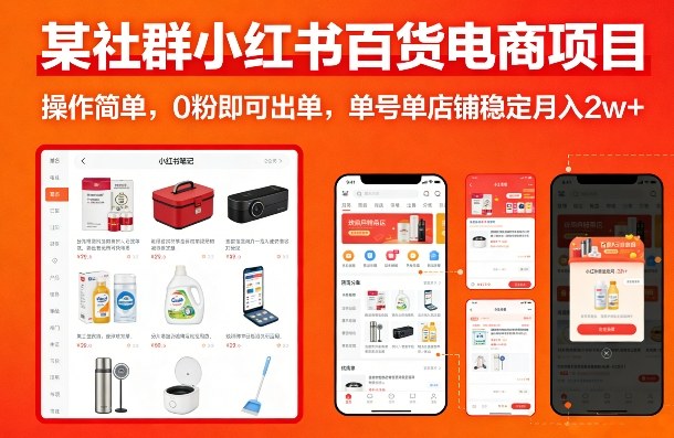 某社群小红书百货电商项目，操作简单，0粉即可出单，单号单店铺稳定月入2w+-蓝天网创