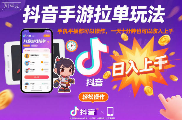 抖音手游拉单玩法，手机平板都可以操作，一天十分钟也可以收入上K【揭秘】-蓝天网创