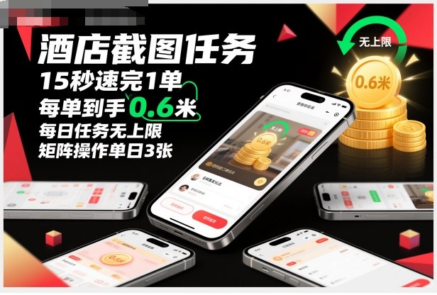 酒店截图任务，15秒速完1单，每单到手0.6米，每日任务无上限，全网首发玩法，矩阵操作单日3张【揭秘】-蓝天网创