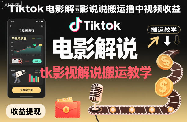 Tiktok电影解说搬运撸中视频收益，tk影视解说搬运教学-蓝天网创