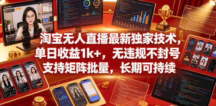 淘宝无人直播最新独家技术，单日收益1k+，无违规不封号，支持矩阵批量，长期可持续【揭秘】-蓝天网创