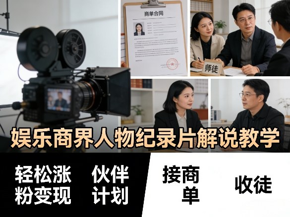 娱乐商界人物纪录片解说教学，轻松涨粉变现，伙伴计划，接商单，收徒等-蓝天网创