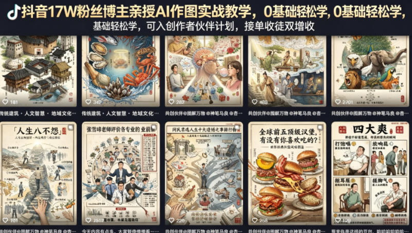 抖音17W粉丝博主亲授AI作图实战教学，0基础轻松学，可入创作者伙伴计划，接单收徒双增收-蓝天网创