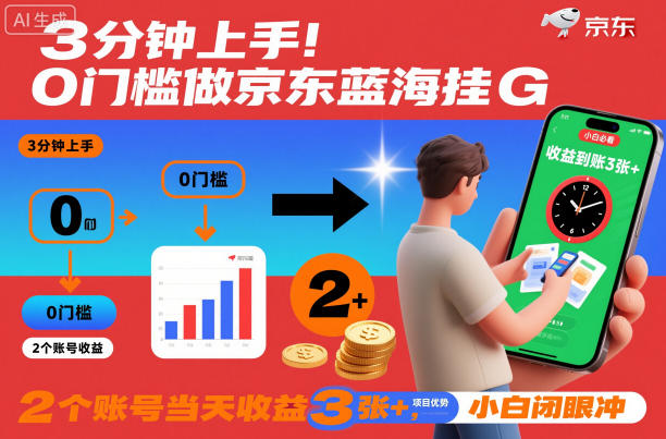 3分钟上手！0门槛做京东蓝海全自动掘金，2个账号当天收益3张+，小白闭眼冲【揭秘】-蓝天网创