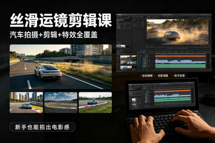 大叔丝滑运镜剪辑课，汽车拍摄+剪辑+特效全覆盖，新手也能拍出电影感-蓝天网创