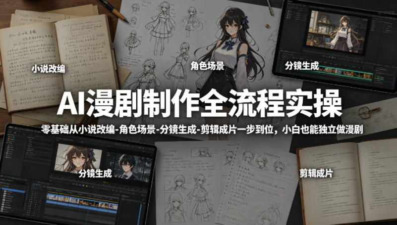 AI漫剧制作全流程实操，零基础从小说改编-角色场景-分镜生成-剪辑成片一步到位，小白也能独立做漫剧-蓝天网创