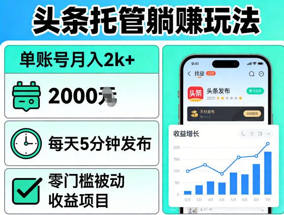 头条托管躺賺玩法，单账号月入2k+，每天5分钟发布即可，零门槛被动收益项目【揭秘】-蓝天网创