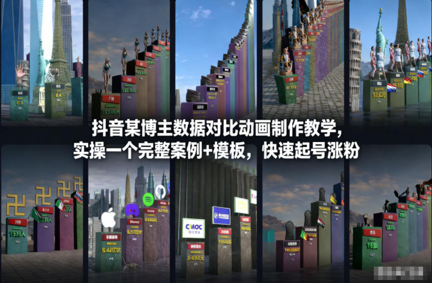 抖音某博主数据对比动画制作教学，实操完整案例+模板，快速起号涨粉-蓝天网创
