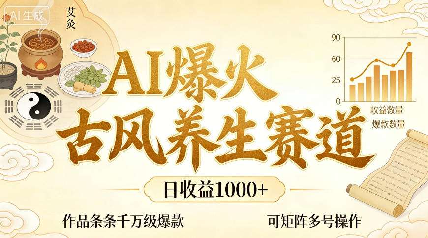 AI爆火古风养生赛道，日收益1k+单条作品点赞破万+，可矩阵多号操作【揭秘】-蓝天网创