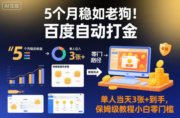 5个月稳如老狗！百度自动打金，单人当天3张+到手，保姆级教程小白零门槛【揭秘】-蓝天网创