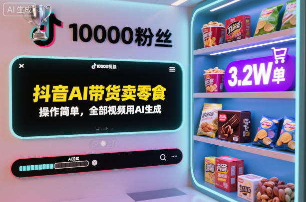 抖音AI带货卖零食，操作简单，全部视频用AI生成，一万粉丝，卖了3.2W单-蓝天网创