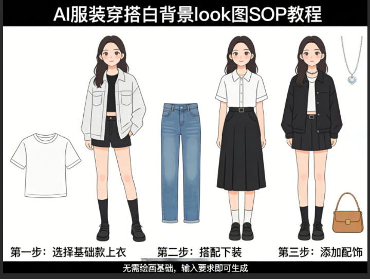 AI服装穿搭白背景look图SOP教程，不用会画画，提几句具体要求，AI就能还你一个奇迹-蓝天网创