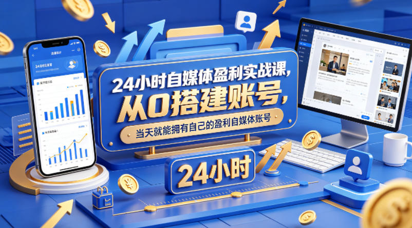 24小时自媒体盈利实战课，从0搭建账号，当天就能拥有自己的盈利自媒体账号-蓝天网创