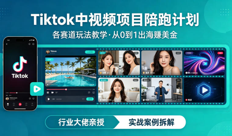 某大佬的Tiktok中视频项目陪跑，涵盖TK各个赛道玩法教学，从0到1出海賺美金-蓝天网创