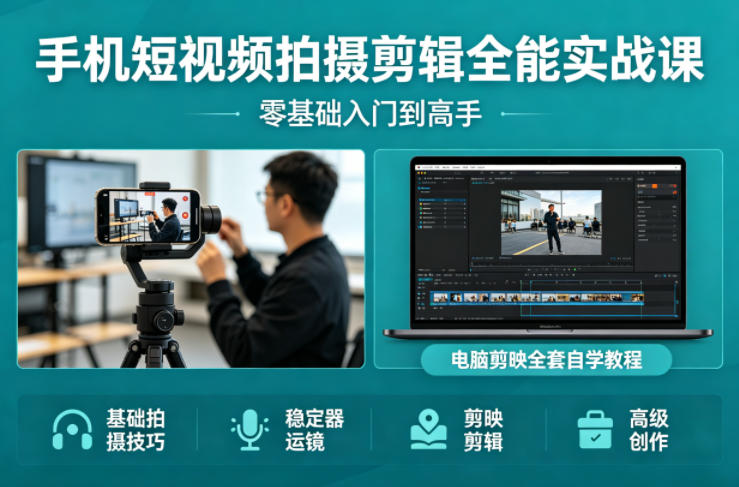 手机短视频拍摄剪辑全能实战课：零基础入门到高手，稳定器运镜+电脑剪映全套自学教程-蓝天网创