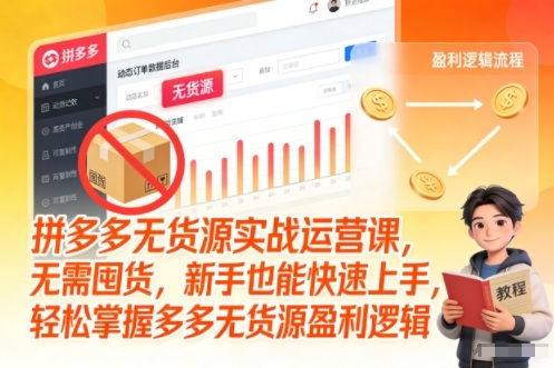 拼多多无货源实战运营课，无需囤货，新手也能快速上手，轻松掌握多多无货源盈利逻辑-蓝天网创