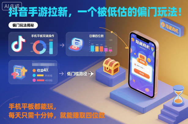 抖音手游拉新，一个被低估的偏门玩法！手机平板都能玩，每天只需十分钟，就能賺取四位数【揭秘】-蓝天网创