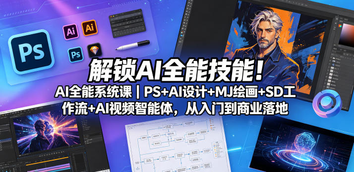解锁AI全能技能！AI全能系统课｜PS+AI设计+MJ绘画+SD工作流+AI视频智能体，从入门到商业落地-蓝天网创