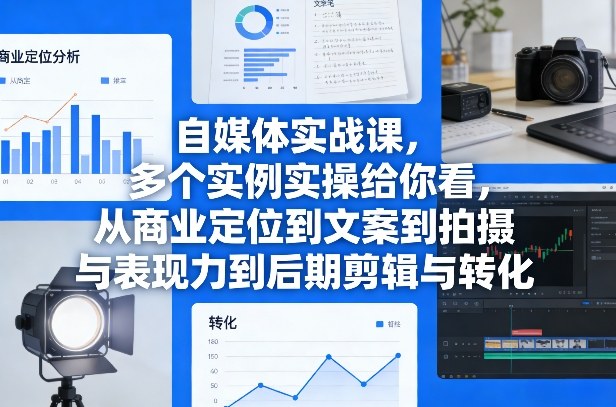 自媒体实战课，多个实例实操给你看，从商业定位到文案到拍摄与表现力到后期剪辑与转化-蓝天网创