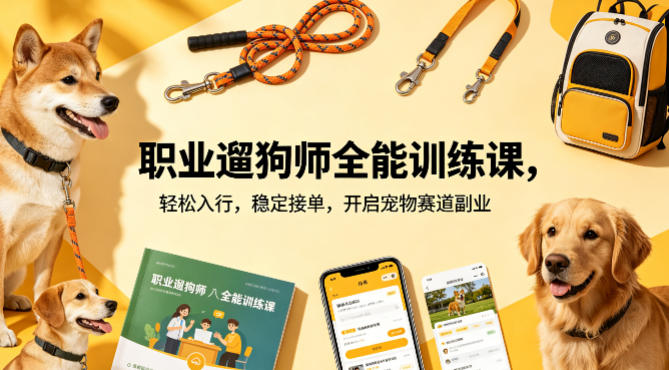 职业遛狗师全能训练课，轻松入行，稳定接单，开启宠物赛道副业-蓝天网创